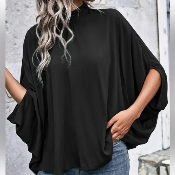 Boho Batwing Sleeve Mock Neck Tie Back Top Blouse Shirt - Picture 6 of 6